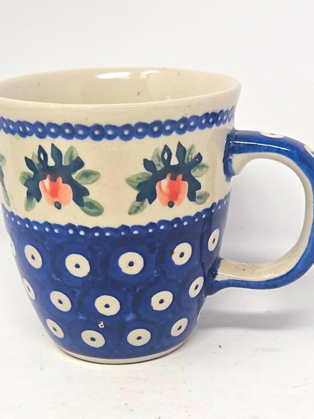 Vintage Artystyczna Polish Pottery Coffee Tea Mug Handpainted Blue Peacock Apple